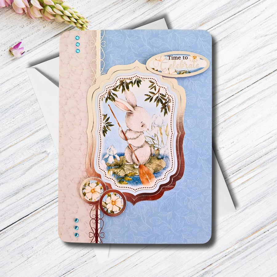 "Time To Celebrate" Card For Many Occasions with a Bunny, Blank, Soft Blue