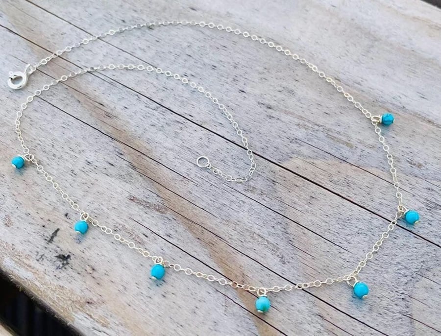 Sterling Silver Necklace with Turquoise Gemstone Drops