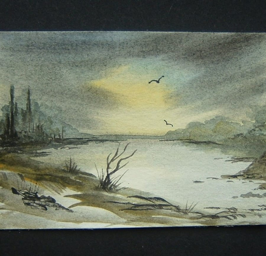 aceo art painting river scene watercolour ref 309