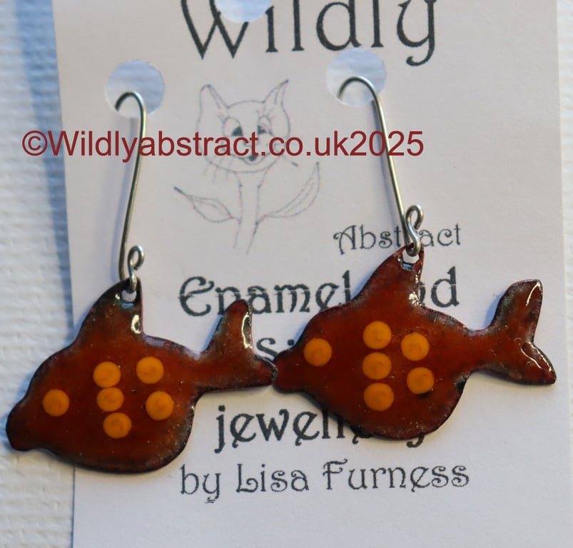 Orange fish enamel earrings