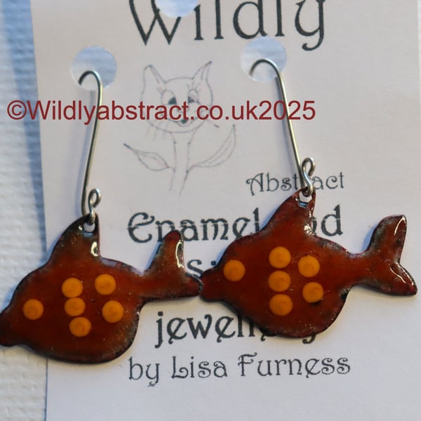 Orange fish enamel earrings