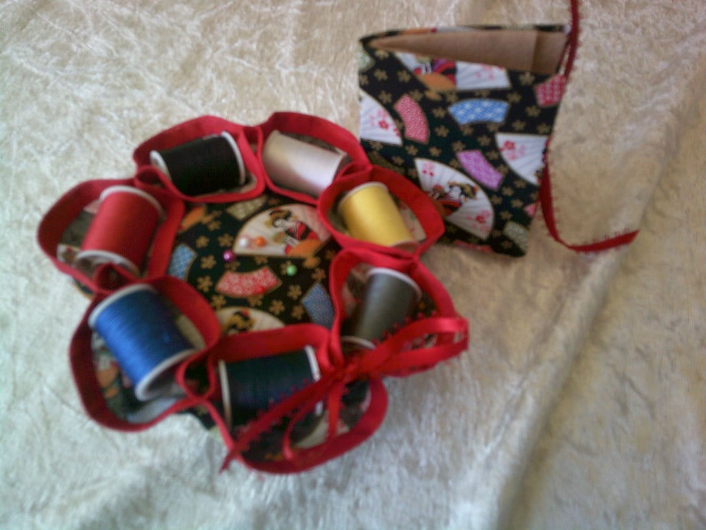 Japanese Fans Cotton Reel Pin Cushion with Needle Case