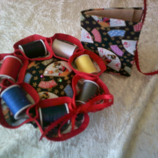 Japanese Fans Cotton Reel Pin Cushion with Needle Case