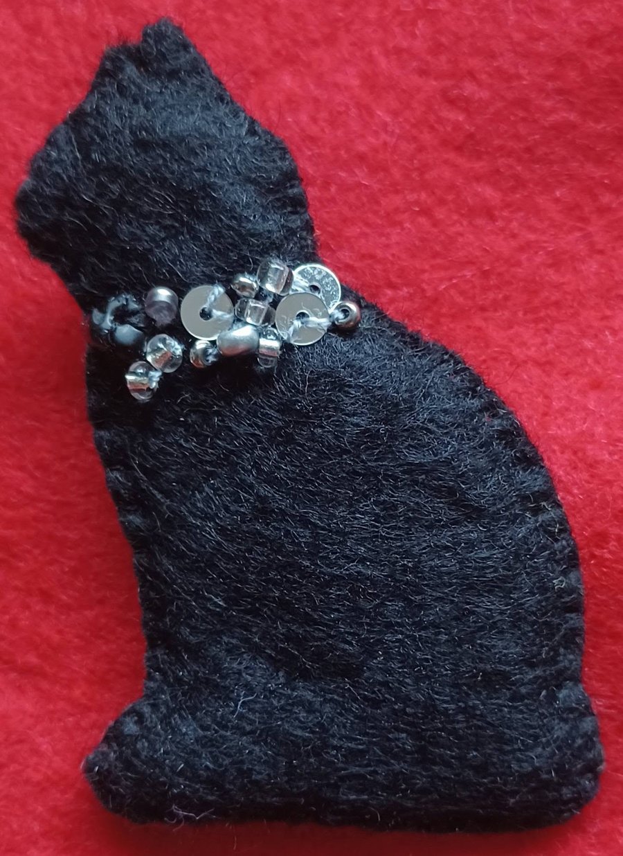 Handmade Lucky Black Cat Felt Brooch with Obsidian 