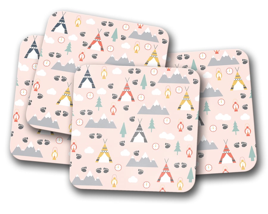 Set of 4 Pink Camping Theme Design Coasters