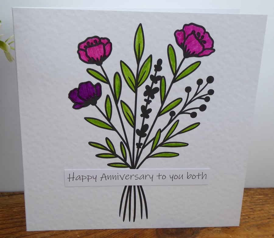 C6498   Anniversary Card, Hammered Card, Bouquet, Hand Coloured, Flowers,