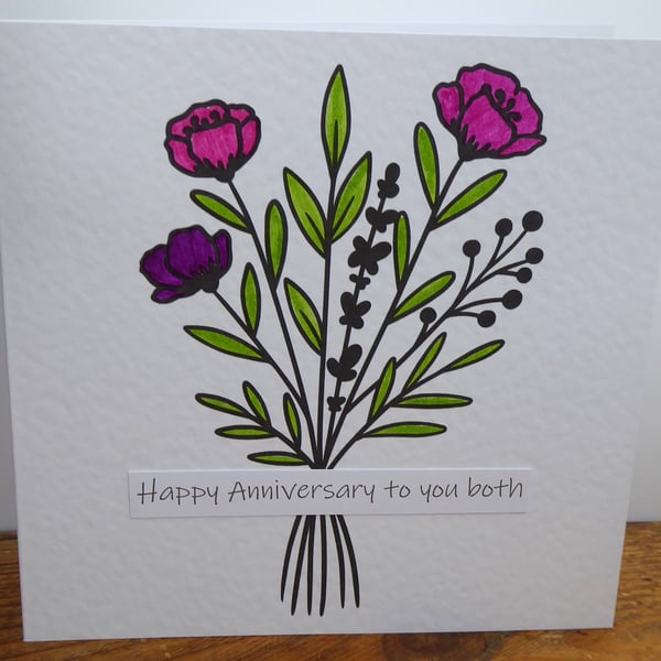 C6498   Anniversary Card, Hammered Card, Bouquet, Hand Coloured, Flowers,