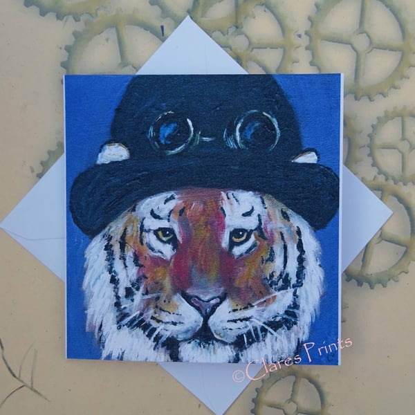 Steampunk Tiger Blank Greeting Card From my Original Acrylic Painting