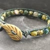 Yellow green fire agate and leather bracelet with leaf button