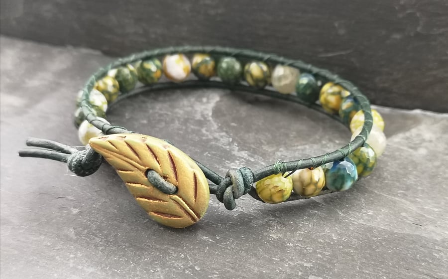 Yellow green fire agate and leather bracelet with leaf button