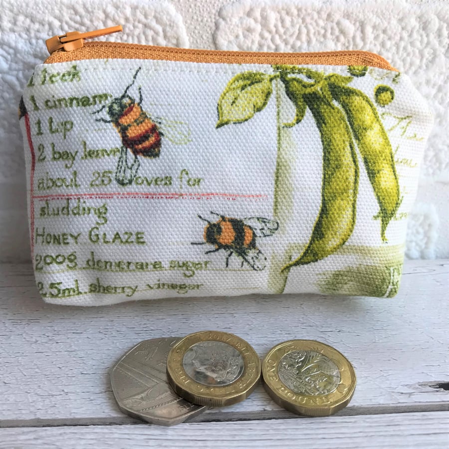 Cream coin purse, small purse with bees, pea pods and sage green recipe script