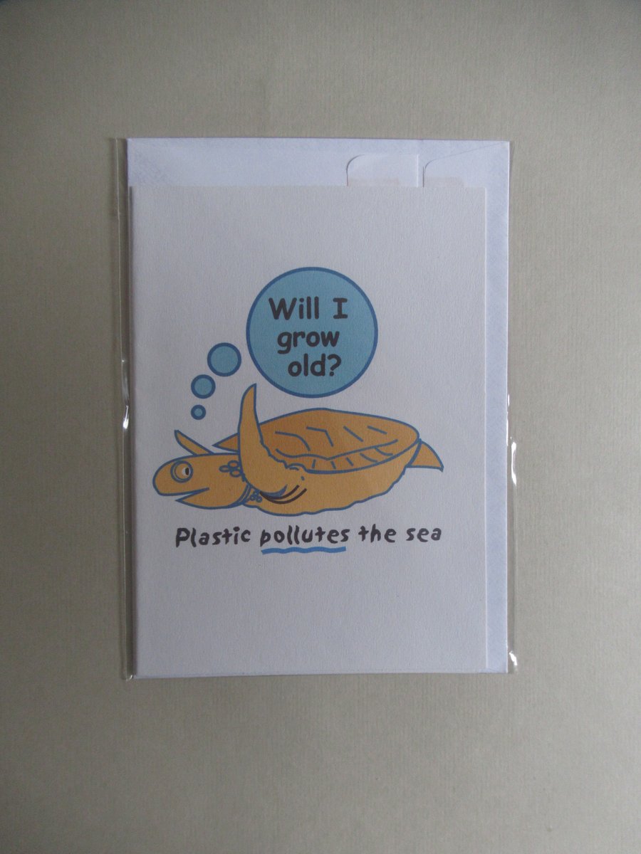 Plastic pollutes the sea card with turtle