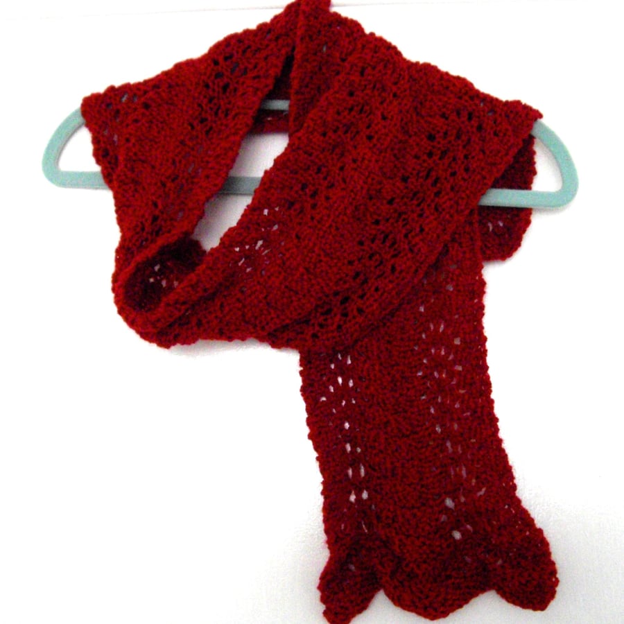 Red Patterned Hand Knitted Scarf - UK Free Post