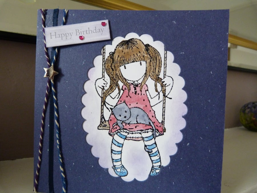 Gorjuss girl on a swing birthday card
