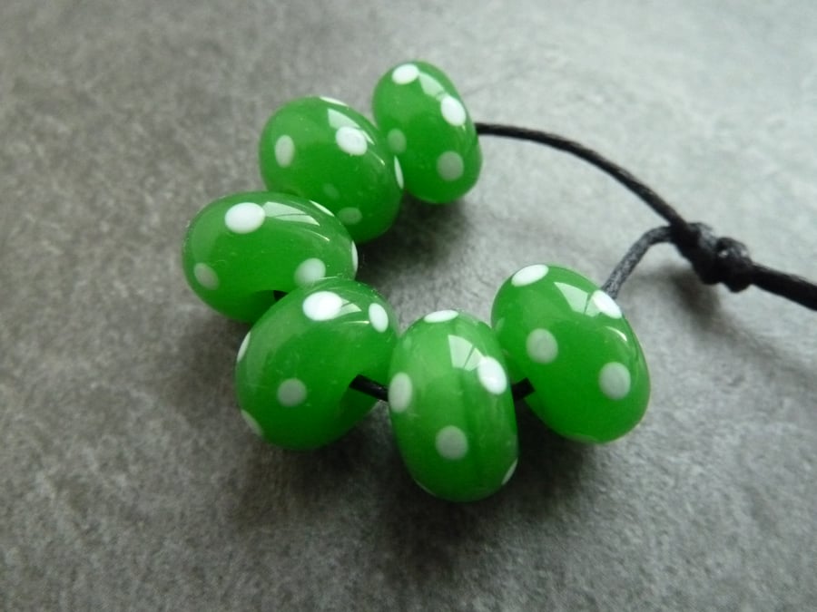 lampwork glass beads, green polka dots