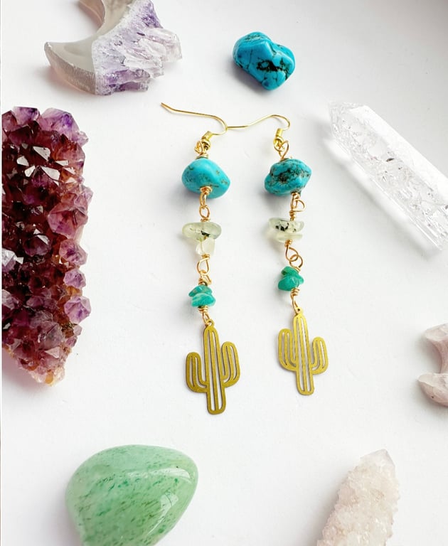 Cactus Earrings, Crystal gold earrings, urquoise, Prehnite, Amazonite Earrings,