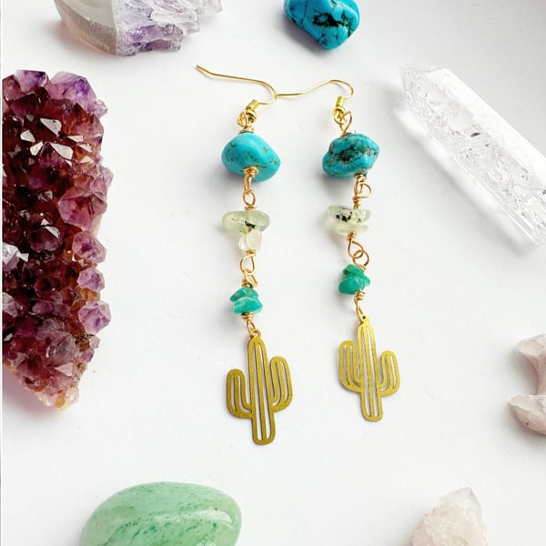 Cactus Earrings, Crystal gold earrings, urquoise, Prehnite, Amazonite Earrings,