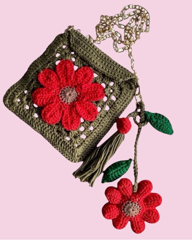 Handmade Floral Crochet Crossbody Bag with Pearl Strap & Vine Charm.