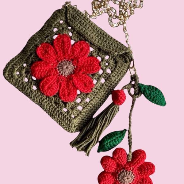 Handmade Floral Crochet Crossbody Bag with Pearl Strap & Vine Charm.