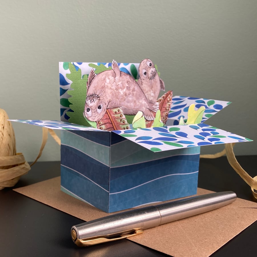 Seals Birthday Card. Personalised blank 3D gift card holder for nature lover