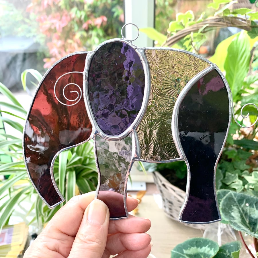 Stained Glass Large Elephant Suncatcher - Handmade Decoration - Purple and Pink