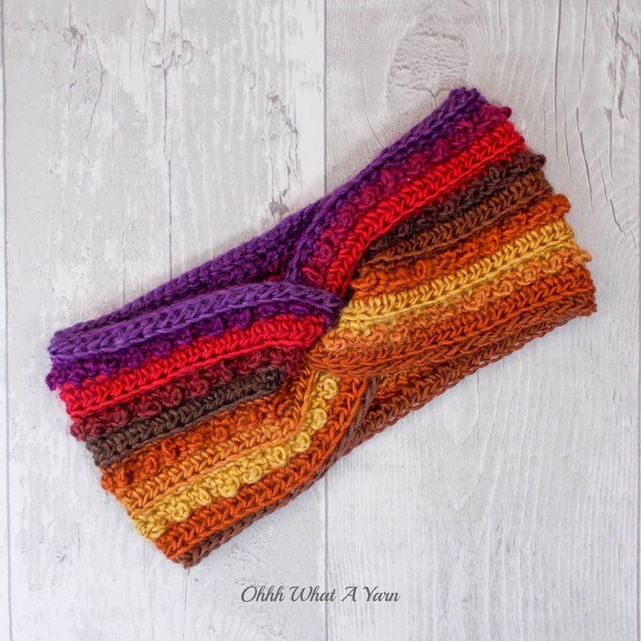 Ladies sunset colours ear warmer. Crochet ear warmer. Crochet headband