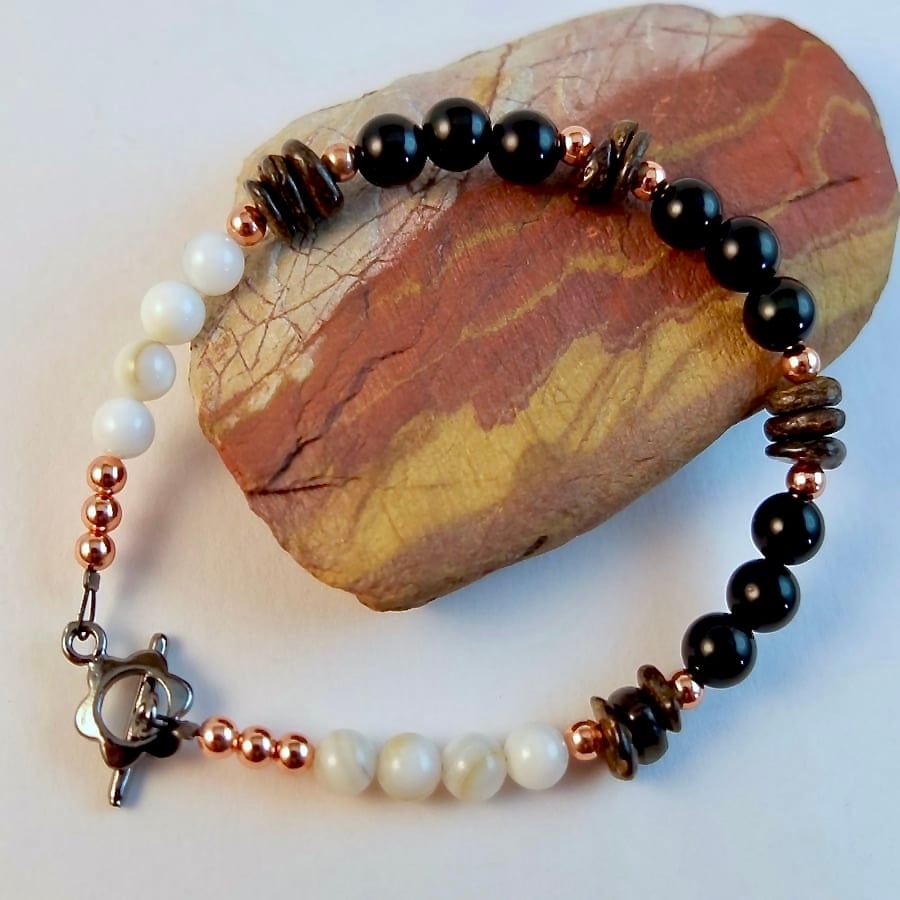  Rainbow Obsidian, Bronzite, Shell and Copper Bracelet - Sale