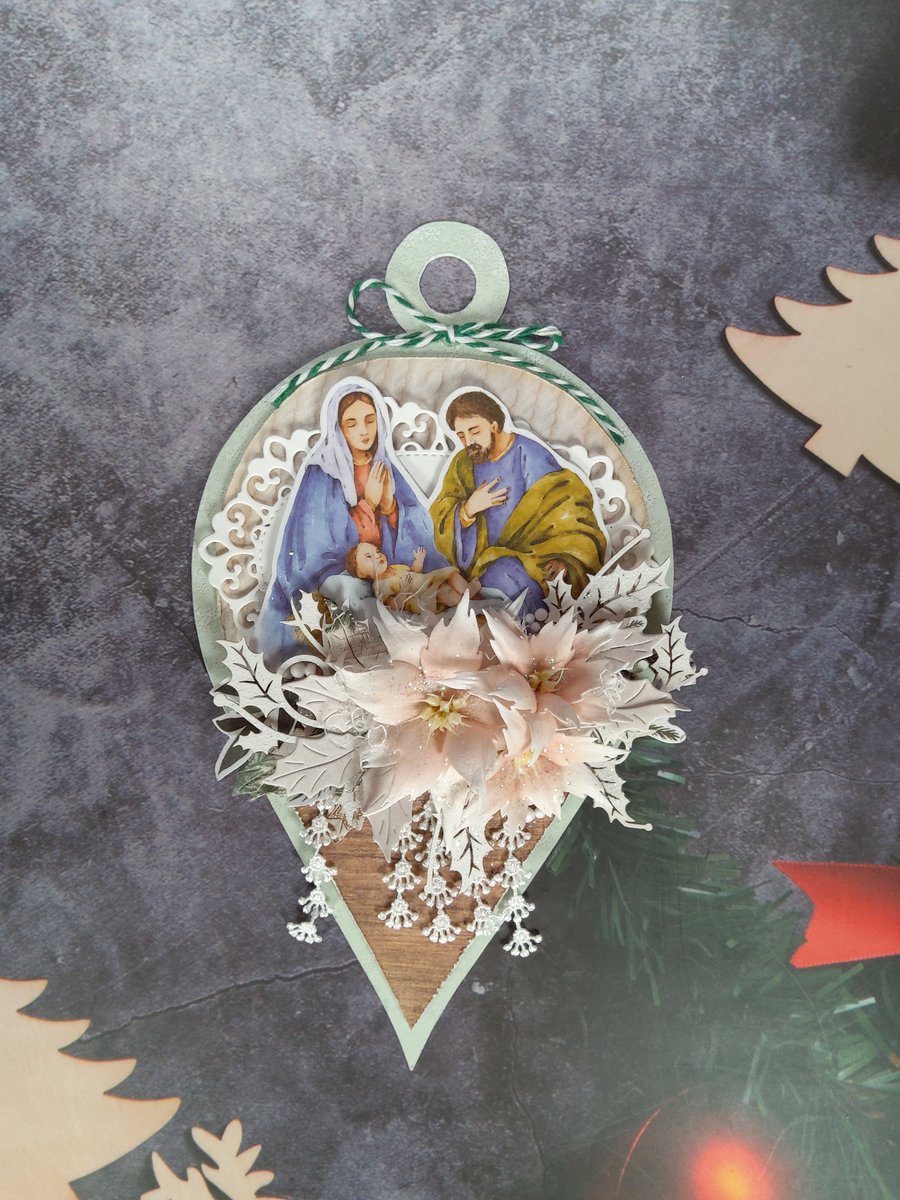 Handmade Christmas Ornament - Notivity Scene with Poinsettias (41)