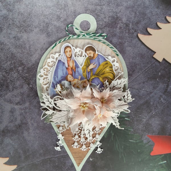 Handmade Christmas Ornament - Notivity Scene with Poinsettias (41)