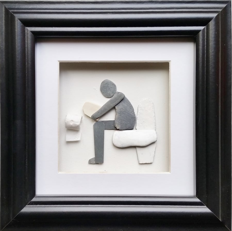 Humorous Bathroom Decor, Pebble Art Man on the Toilet, Unusual Gift Ideas