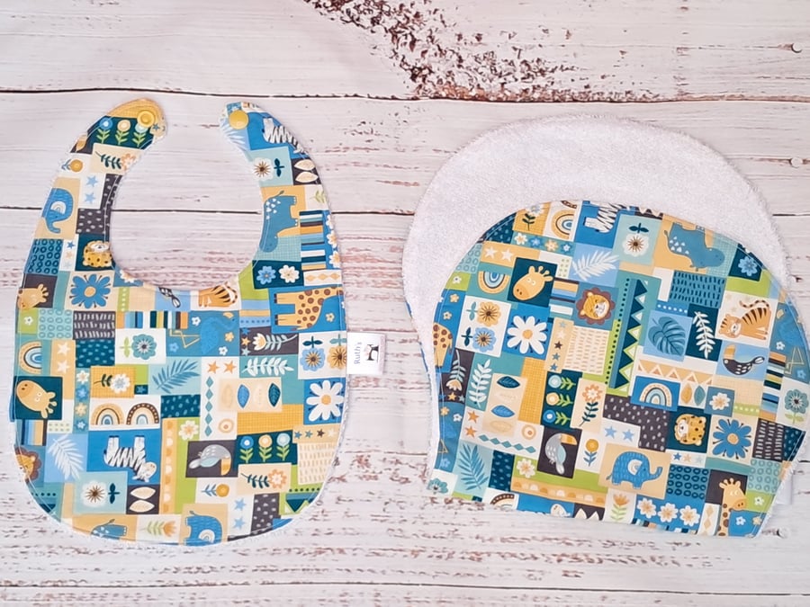 Newborn baby bib and burp cloth gift set - blue and yellow