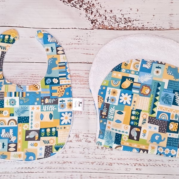 Newborn baby bib and burp cloth gift set - blue and yellow