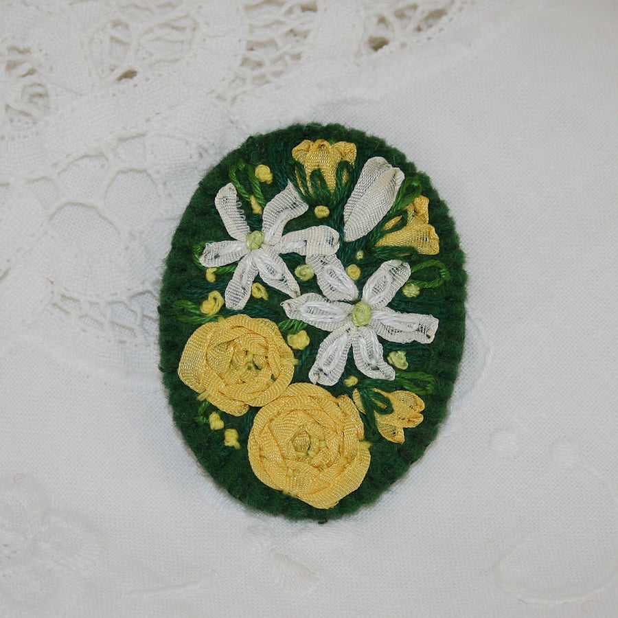 Embroidered Brooch Roses and Clematis Folksy