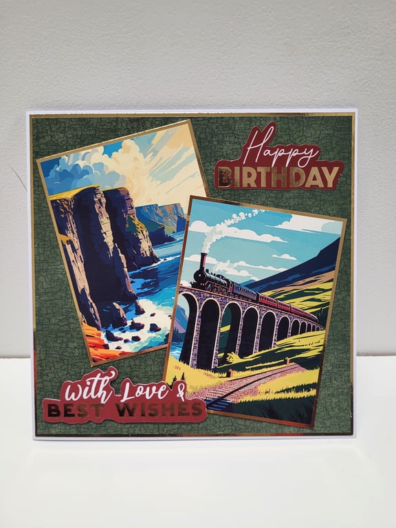 Birthday Card - Scenic, Vintage Style Train and Coastal Cliff Illustration