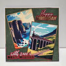 Birthday Card - Scenic, Vintage Style Train and Coastal Cliff Illustration