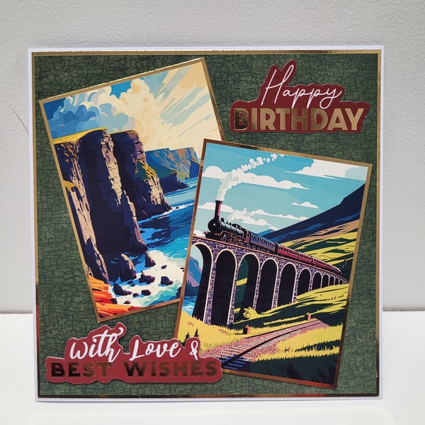 Birthday Card - Scenic, Vintage Style Train and Coastal Cliff Illustration