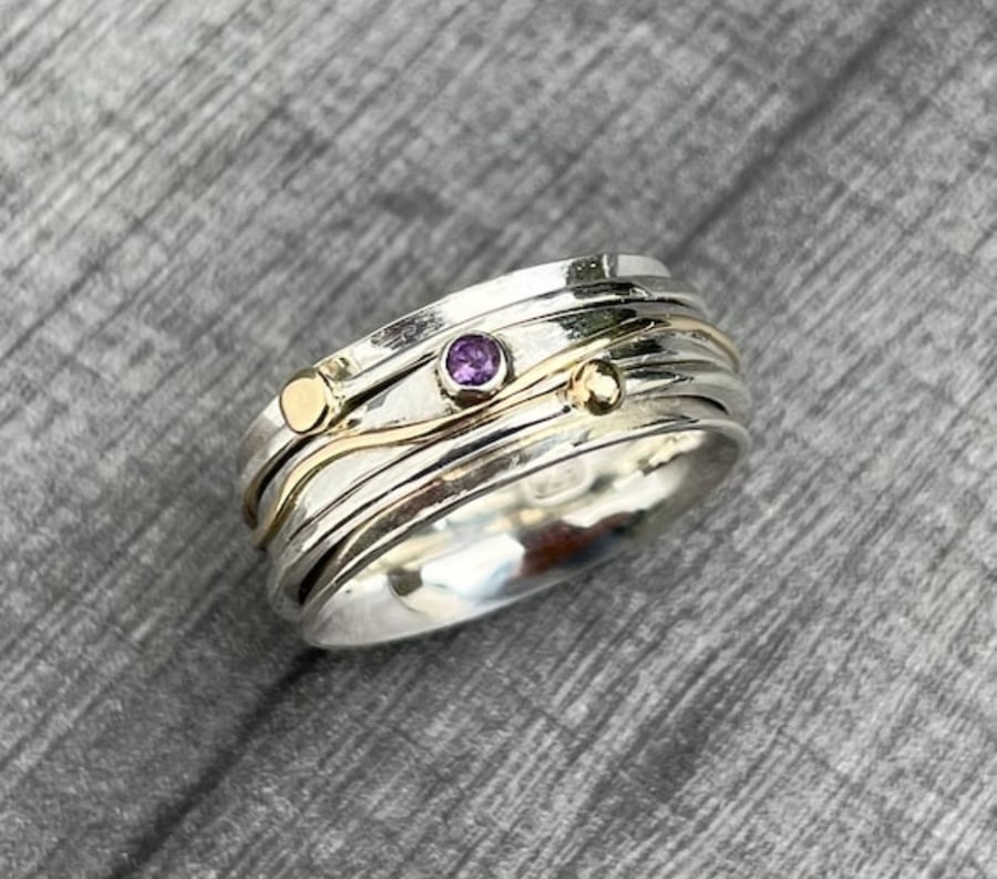 Amethyst Wave Spinner Ring, spinner ring, silver wide ring, amethyst wide ring, 