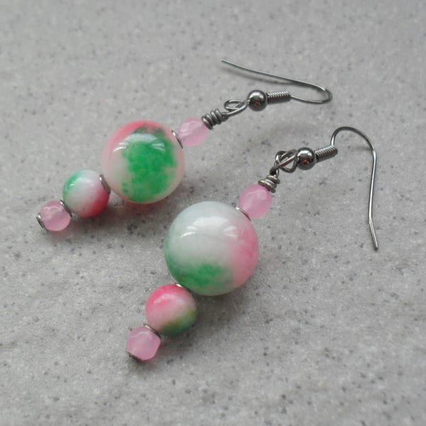 Water Melon Coloured Quartz Drop Black Tone Earrings