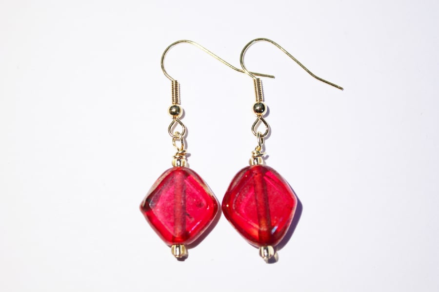 Square red glass foiled bead dangle earrings