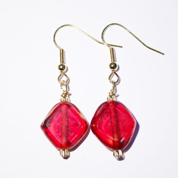 Square red glass foiled bead dangle earrings
