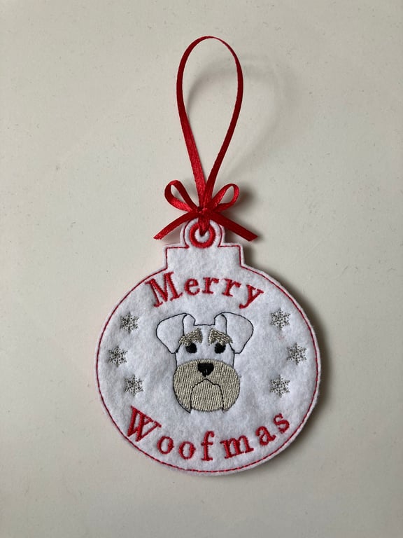 726. Merry Woofmas - Schnauzer Christmas tree hanging ornament.
