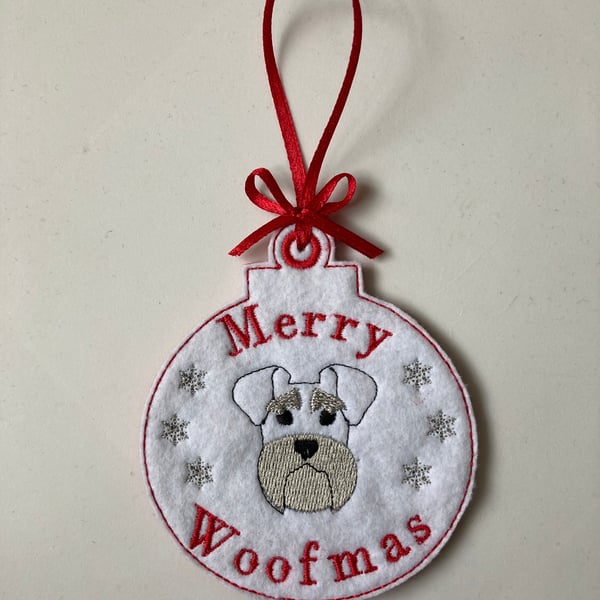 726. Merry Woofmas - Schnauzer Christmas tree hanging ornament.