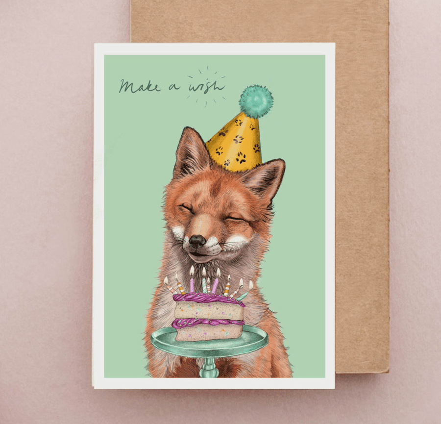 Birthday Fox Card - Fox Card, Fox Birthday Card, Make a Wish Card