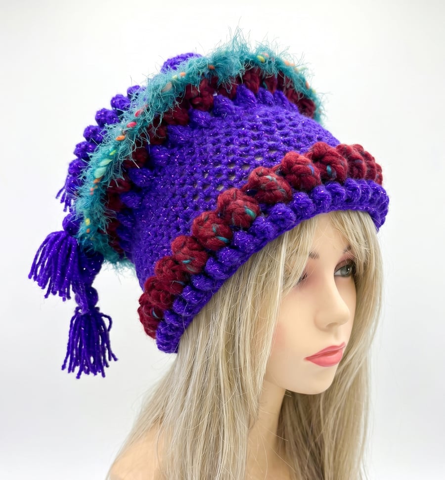 Purple festival hat Tribal inspired.  Vegan Acrylic Yarn.  Fully washable.