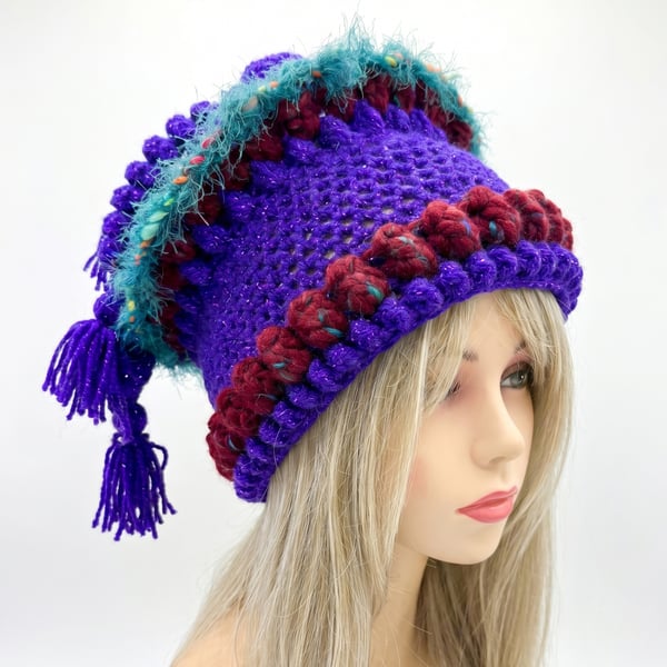 Purple festival hat Tribal inspired.  Vegan Acrylic Yarn.  Fully washable.