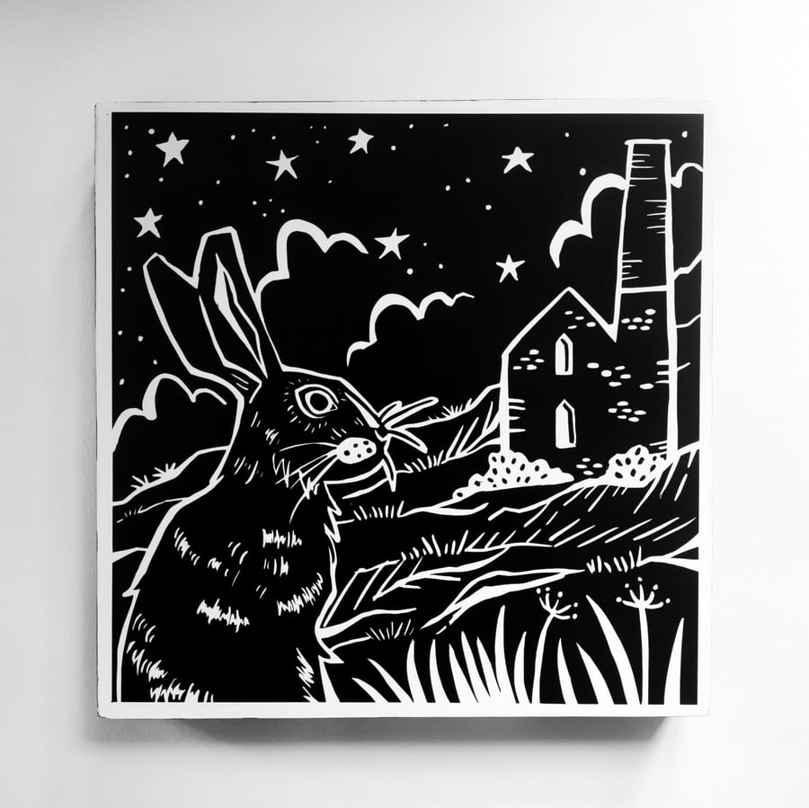 Cornish Hare Sitting by Old Engine House Cut Vinyl on Wood Panel 