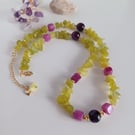 Olive Jade, Pink Tiger Eye and Quartz Choker Necklace with adjustable chain