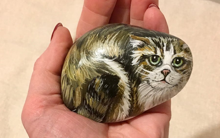 Tabby cat hand painted pebble garden rock art pet stone portrait wildlife painti
