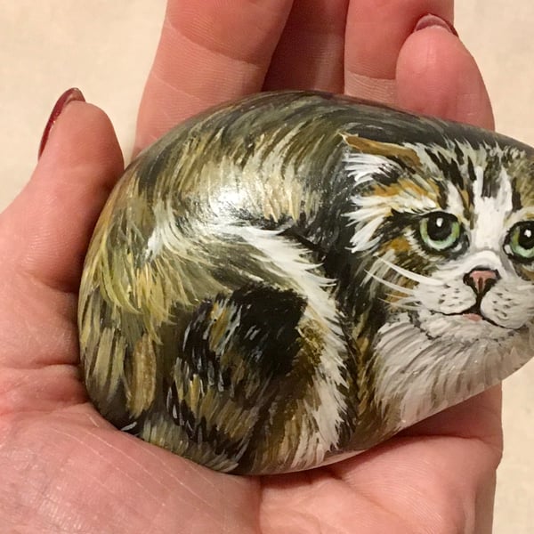 Tabby cat hand painted pebble garden rock art pet stone portrait wildlife painti
