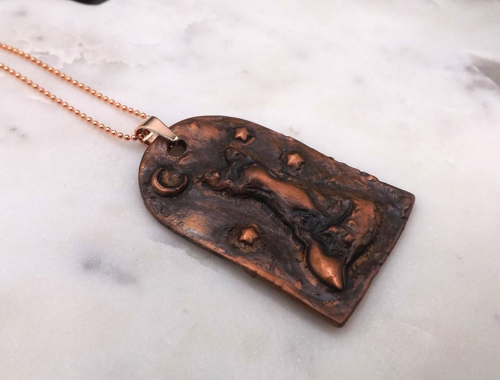 Recycled Copper Fox with Moon & Stars on Picture Frame Pendant Necklace.